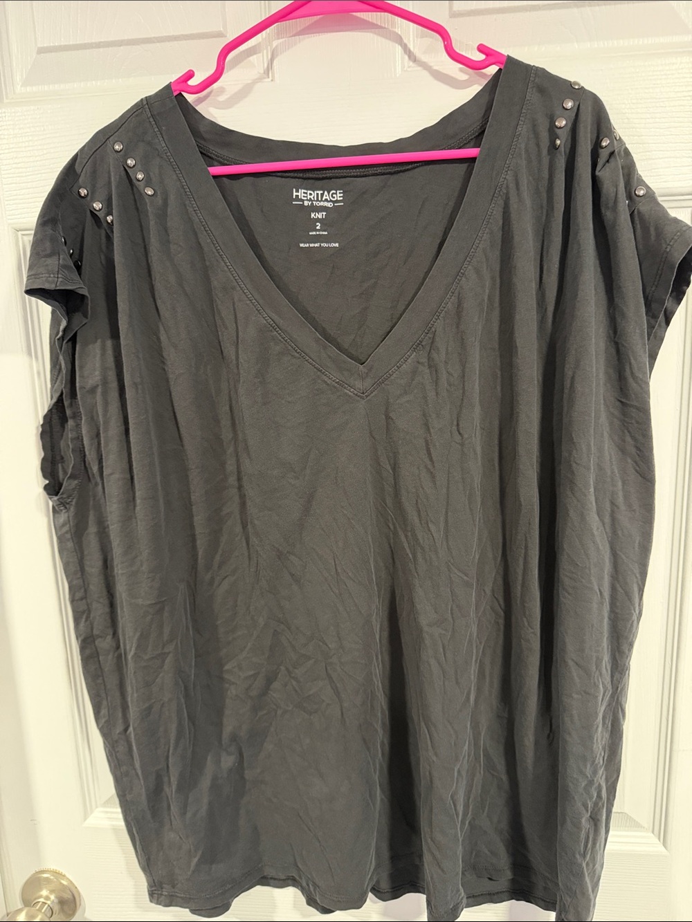 torrid Charcoal V-Neck Short Sleeve Tee with Shoulder Studs